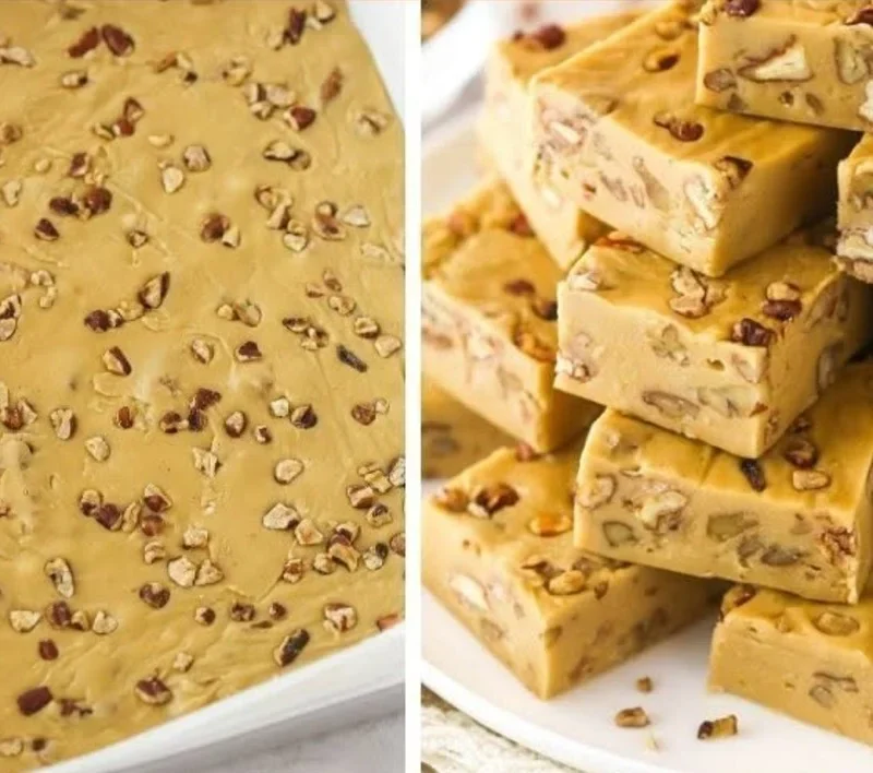 Delicious pecan praline fudge displayed on a platter with pecans.