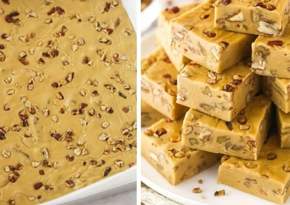 Delicious pecan praline fudge displayed on a platter with pecans.