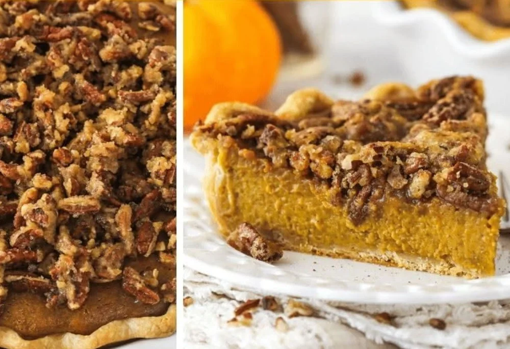 Delicious praline pumpkin pie served on a festive table for the holidays