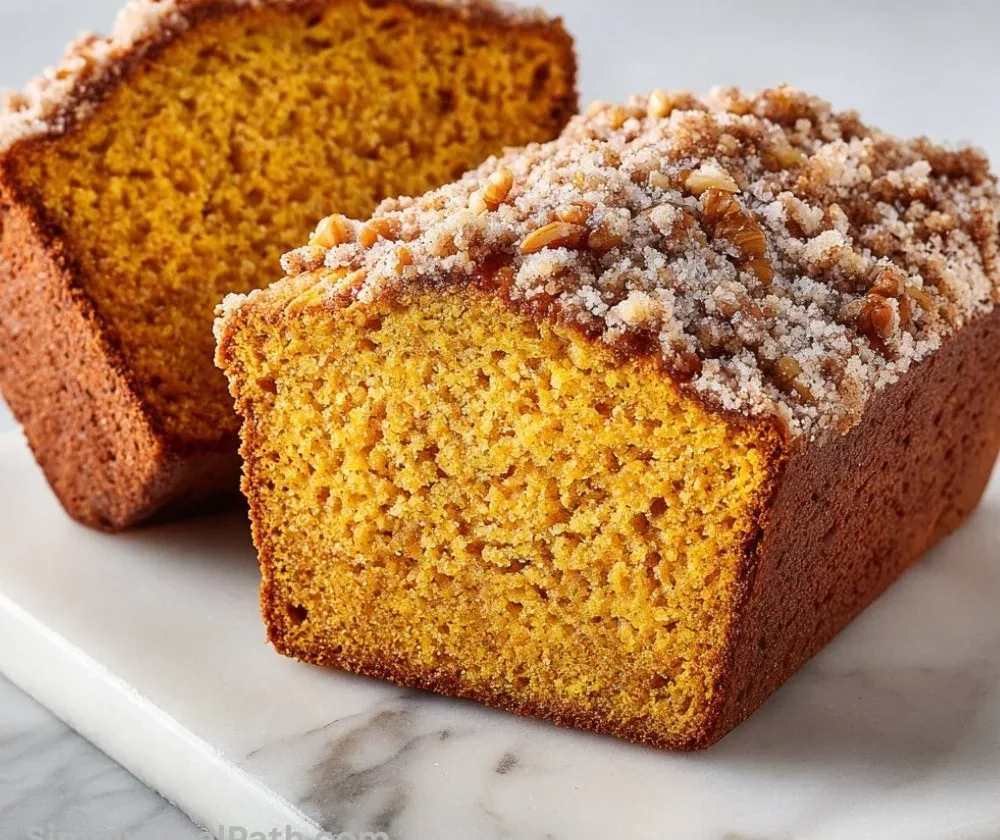 Slice of pumpkin bread topped with cinnamon streusel on a wooden table