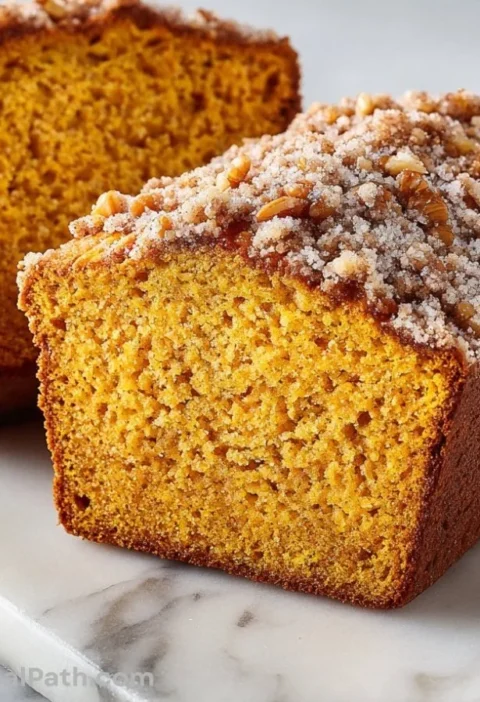 Slice of pumpkin bread topped with cinnamon streusel on a wooden table