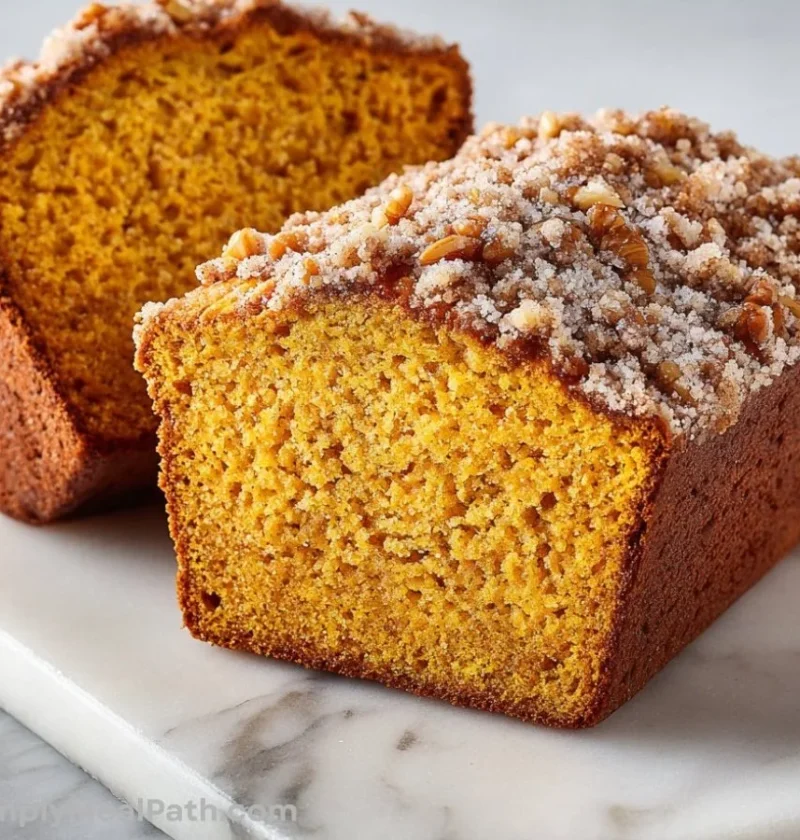Slice of pumpkin bread topped with cinnamon streusel on a wooden table