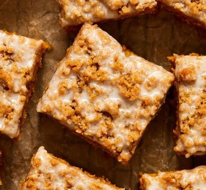 Delicious Pumpkin Coffee Cake topped with Cinnamon Streusel