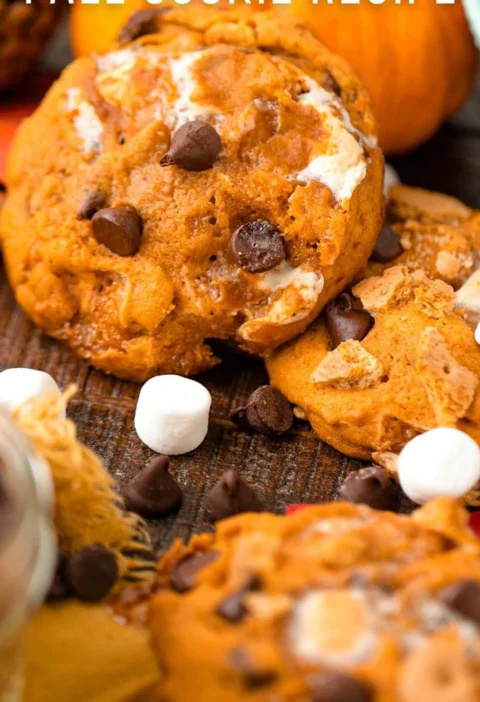 Delicious Pumpkin S'mores Cookies on a rustic wooden table