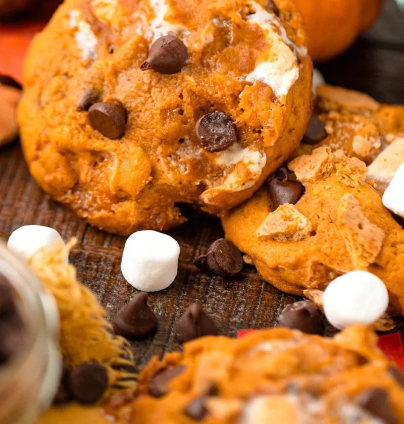Delicious Pumpkin S'mores Cookies on a rustic wooden table