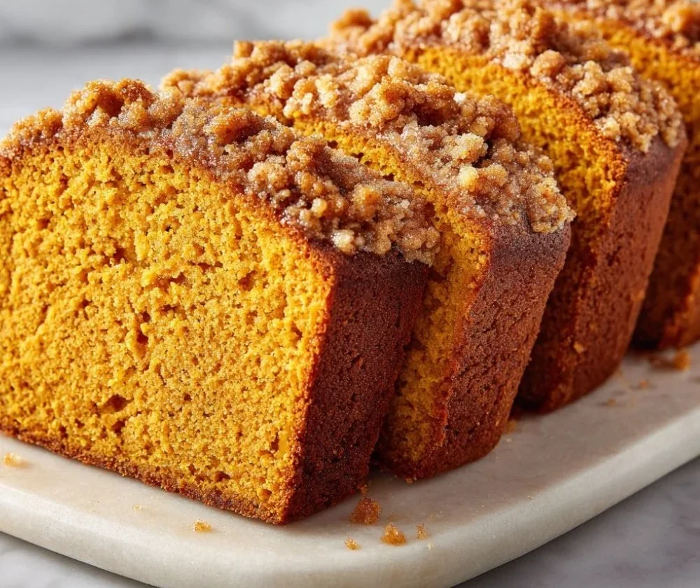 Slice of Pumpkin Streusel Bread with a golden brown crumb and crumble topping