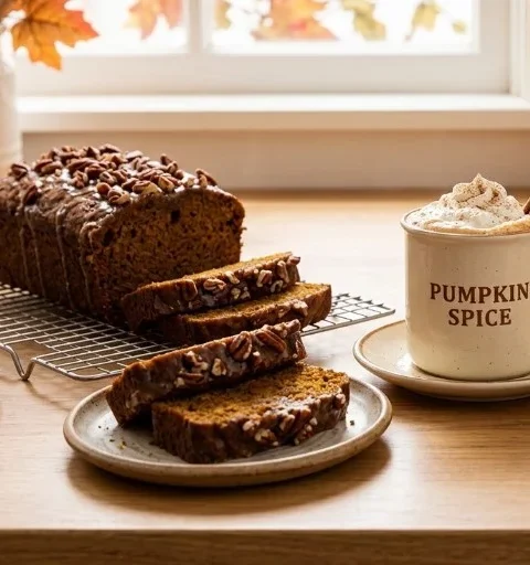Homemade pumpkin treats including bread, latte, and cookies for autumn.