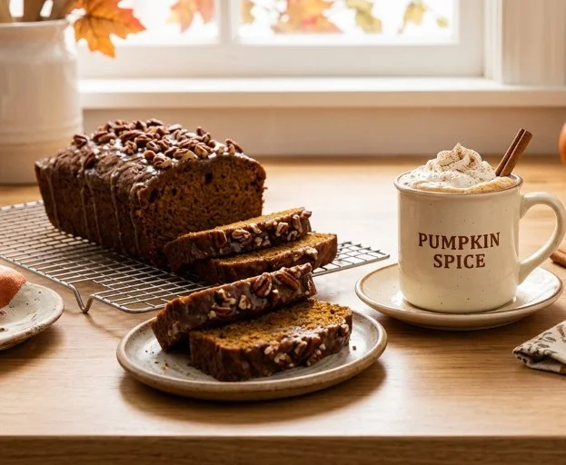Homemade pumpkin treats including bread, latte, and cookies for autumn.