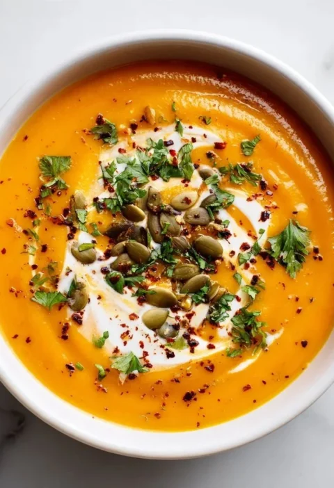 Bowl of creamy roasted butternut squash soup garnished with herbs.