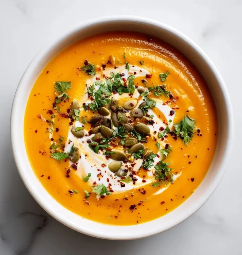 Bowl of creamy roasted butternut squash soup garnished with herbs.