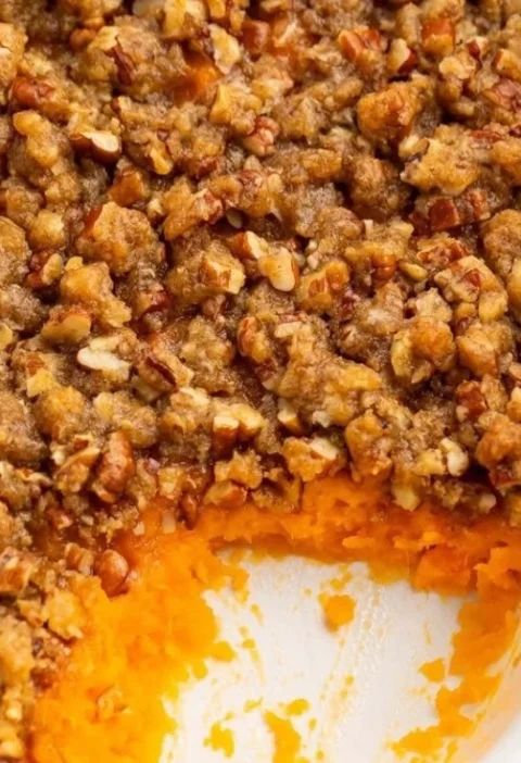 Ruth's Chris Sweet Potato Casserole topped with marshmallows and pecans.