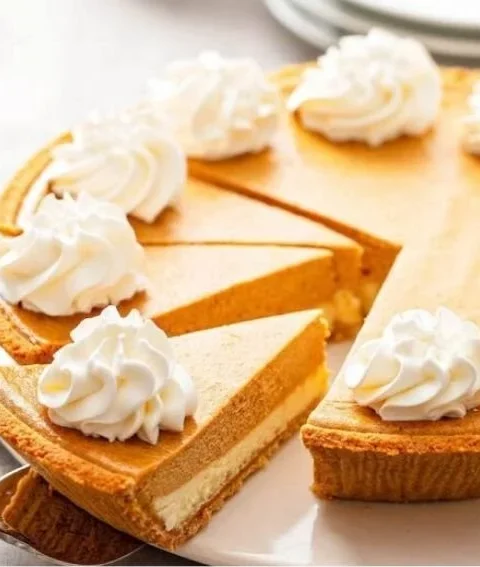 Slice of pumpkin pie cheesecake topped with whipped cream and spices