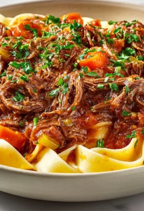 Delicious slow cooker beef ragu served over pasta with fresh herbs.