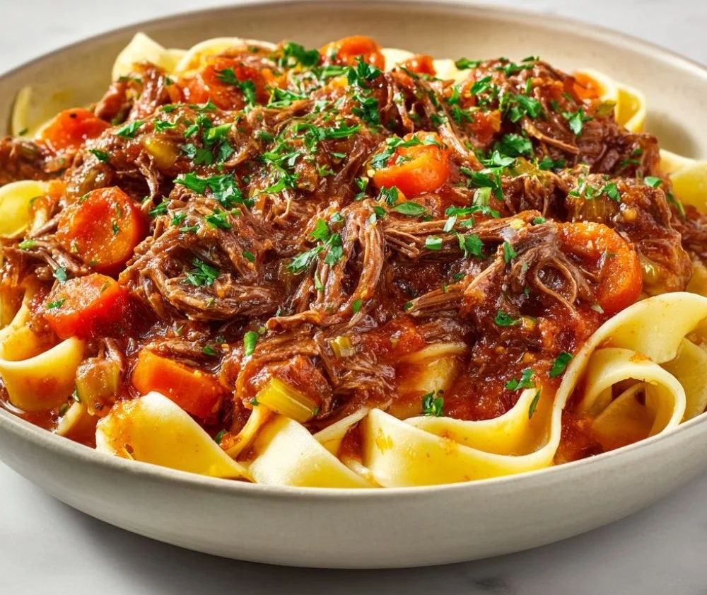 Delicious slow cooker beef ragu served over pasta with fresh herbs.