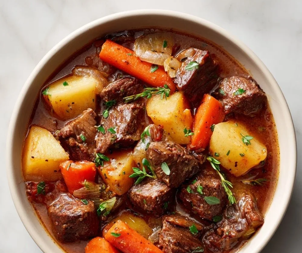 Delicious slow cooker beef stew in a rustic bowl with fresh herbs.