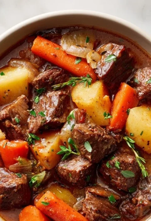 Delicious slow cooker beef stew in a rustic bowl with fresh herbs.
