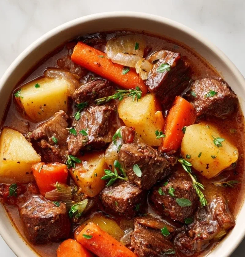 Delicious slow cooker beef stew in a rustic bowl with fresh herbs.