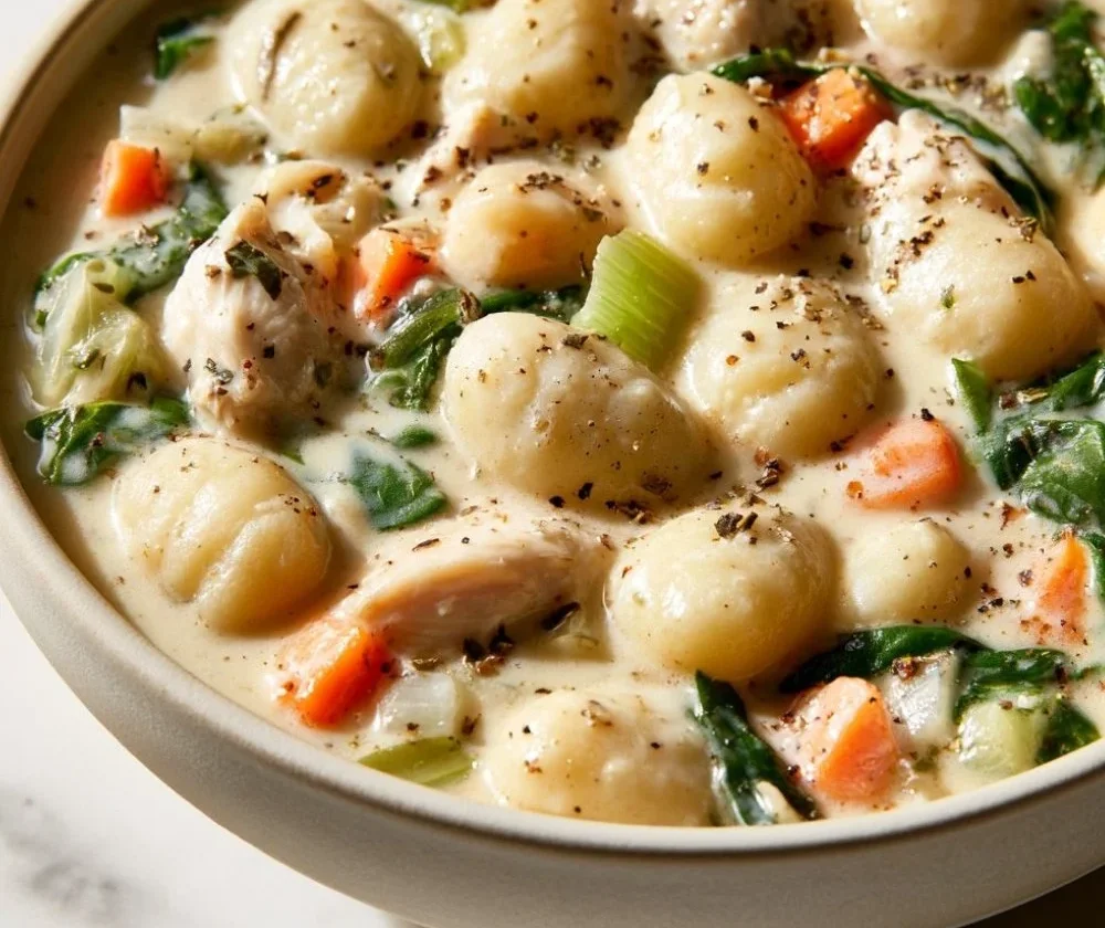 Bowl of slow cooker chicken gnocchi soup garnished with herbs