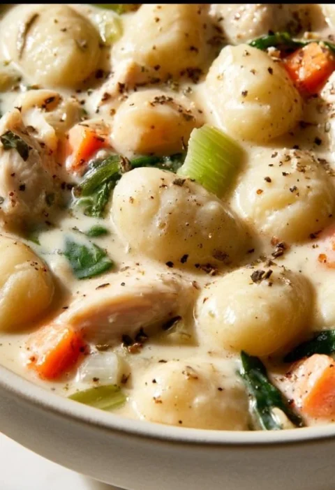 Bowl of slow cooker chicken gnocchi soup garnished with herbs