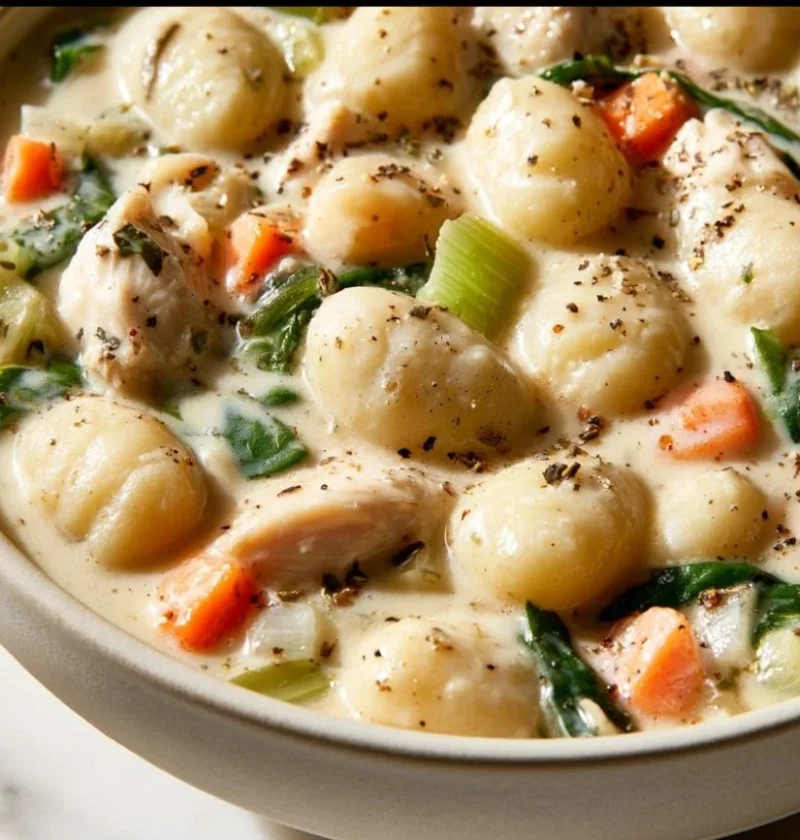 Bowl of slow cooker chicken gnocchi soup garnished with herbs