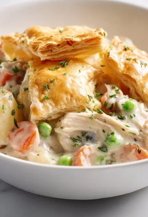 Delicious slow cooker chicken pot pie served in a bowl with fresh herbs