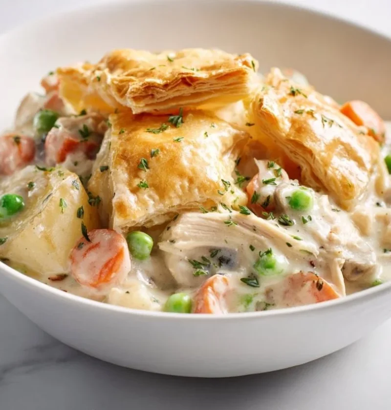 Delicious slow cooker chicken pot pie served in a bowl with fresh herbs