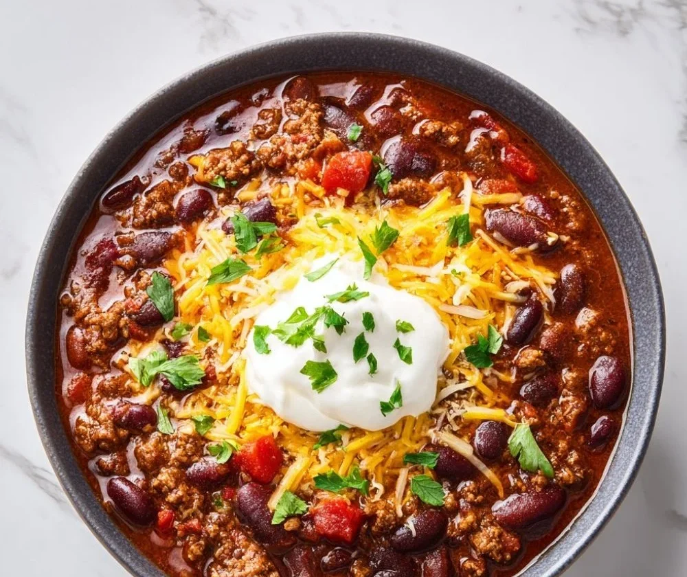 Hearty slow cooker chili simmering in a pot, perfect for family meals.