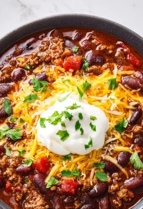 Hearty slow cooker chili simmering in a pot, perfect for family meals.