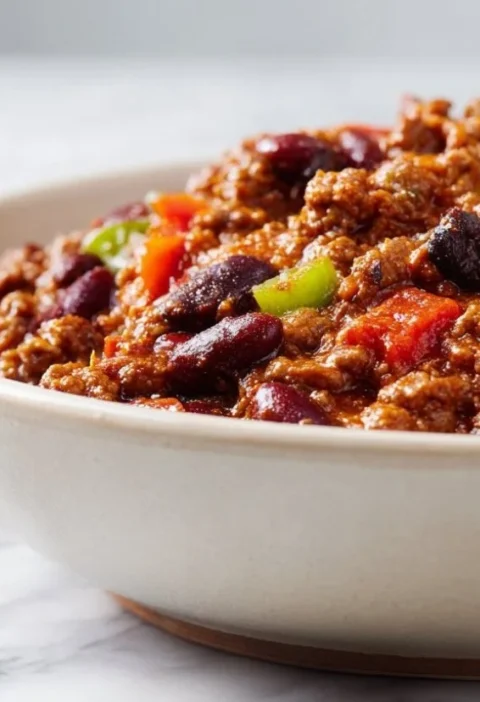 Delicious slow cooker chili recipe for family meals, garnished with cheese and herbs.