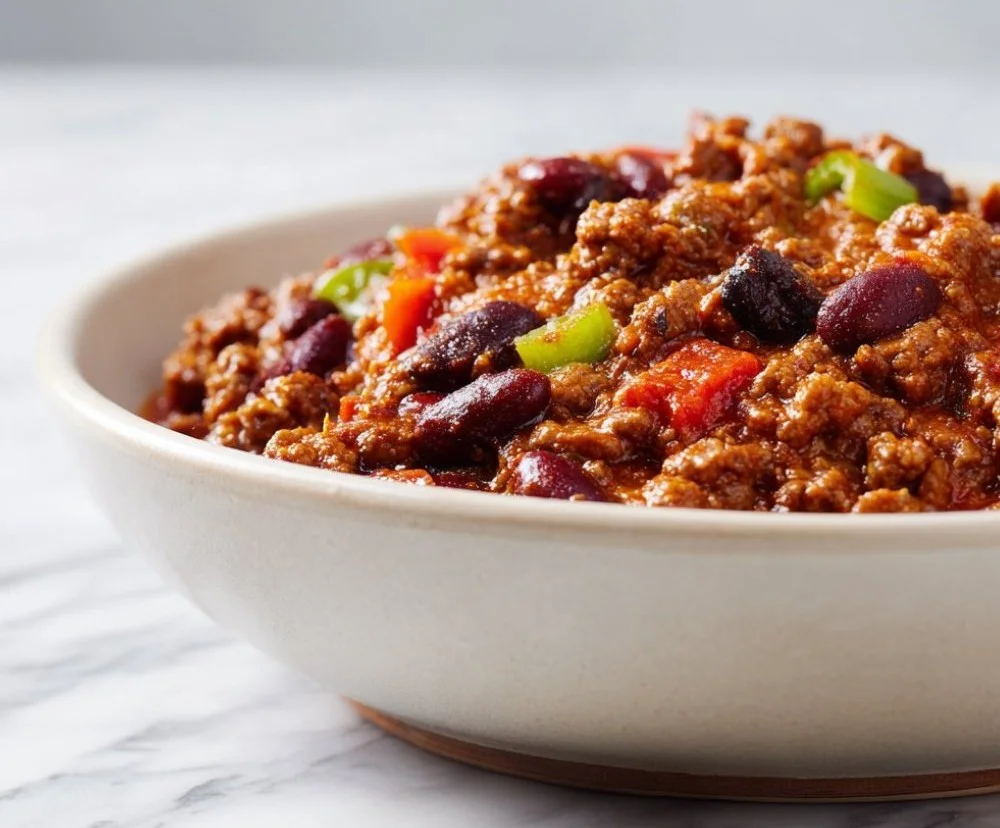 Delicious slow cooker chili recipe for family meals, garnished with cheese and herbs.