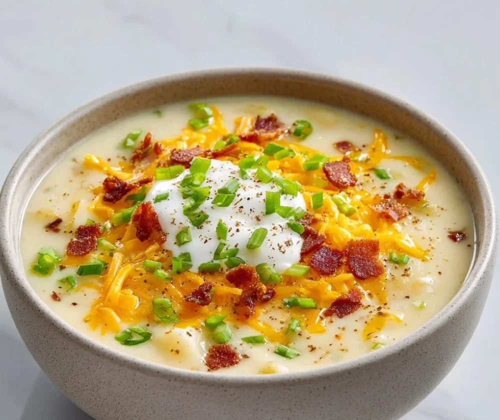 Bowl of creamy slow cooker loaded potato soup topped with cheese and chives