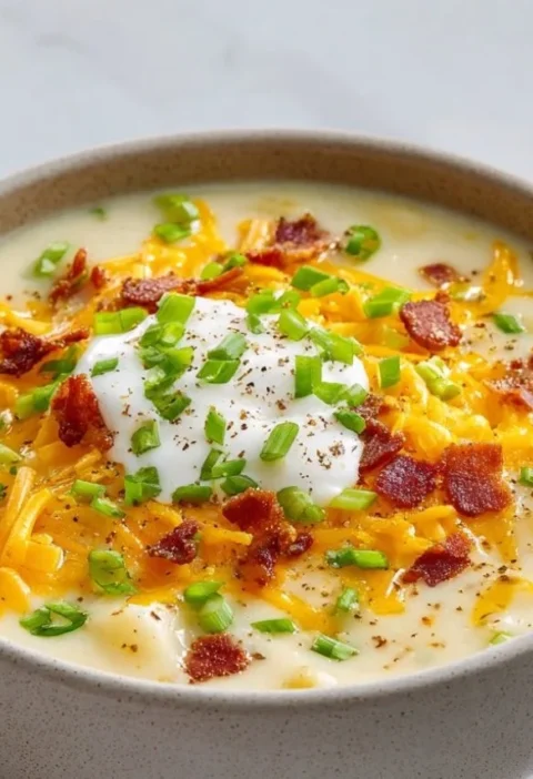 Bowl of creamy slow cooker loaded potato soup topped with cheese and chives