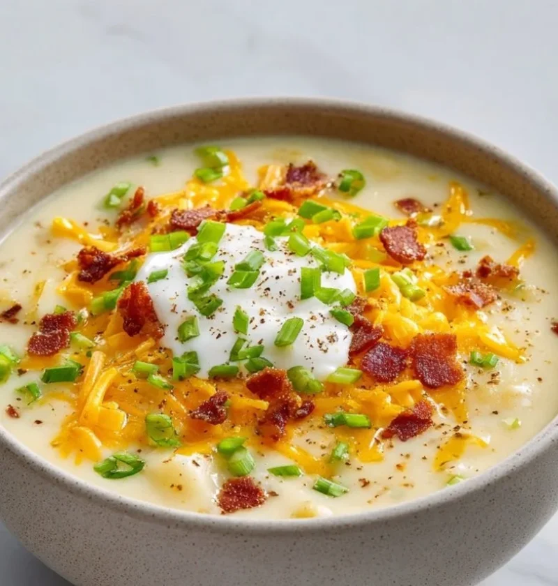 Bowl of creamy slow cooker loaded potato soup topped with cheese and chives