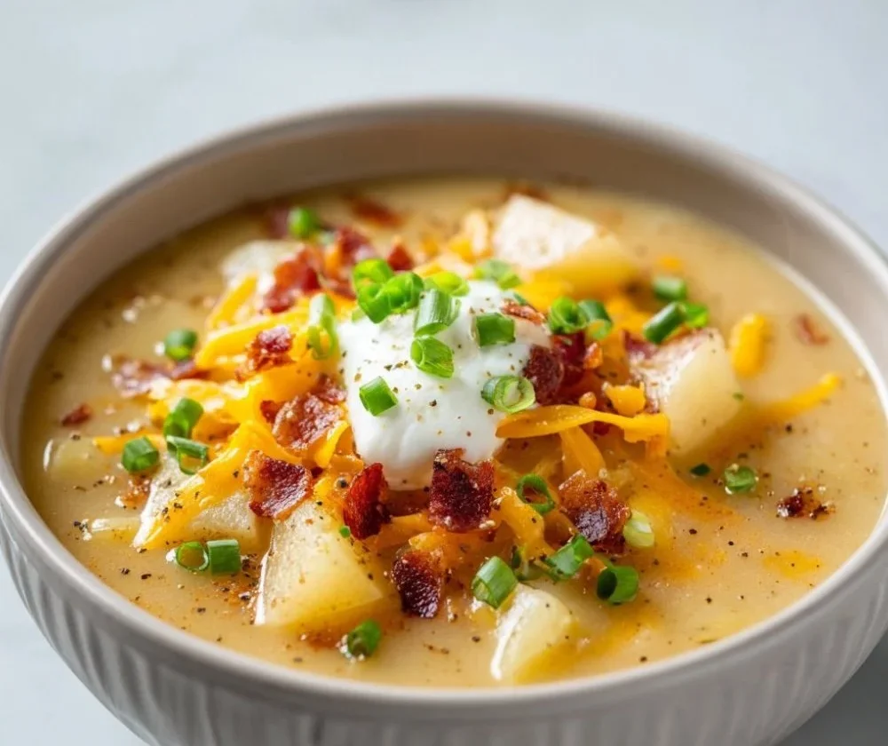 Delicious slow cooker potato soup served in a bowl with herbs