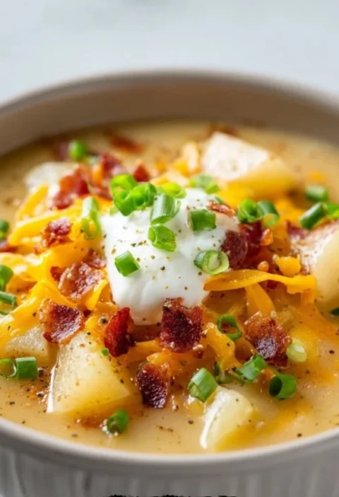 Delicious slow cooker potato soup served in a bowl with herbs