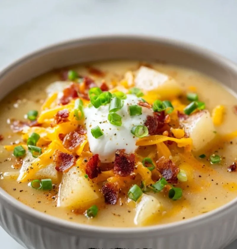 Delicious slow cooker potato soup served in a bowl with herbs