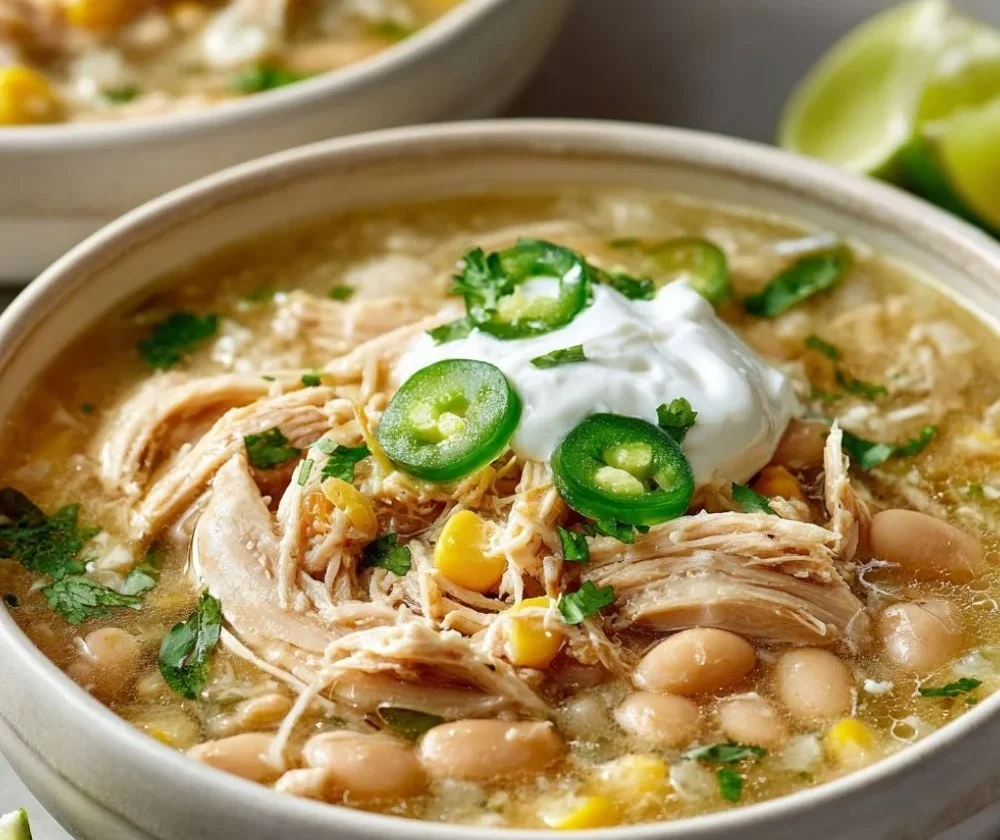 Serving of slow cooker white chicken chili in a bowl with toppings