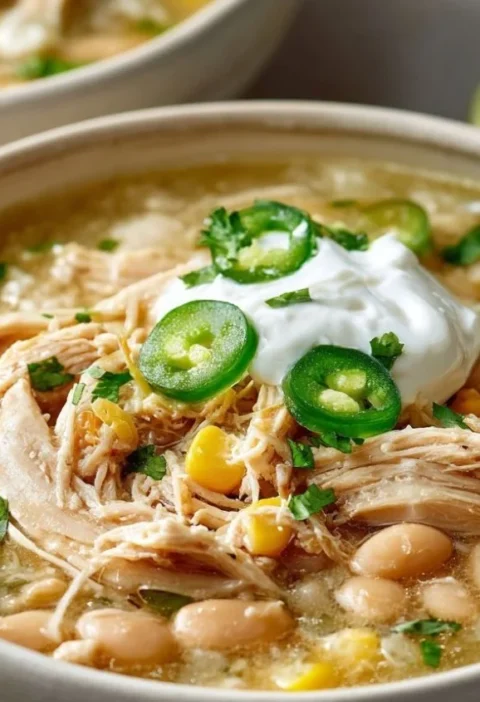 Serving of slow cooker white chicken chili in a bowl with toppings