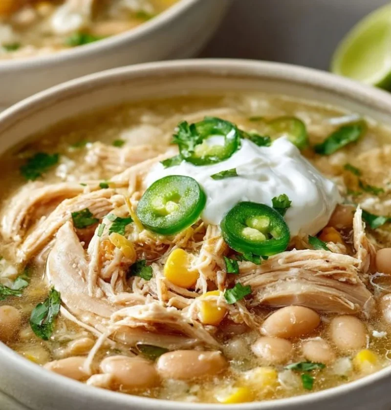 Serving of slow cooker white chicken chili in a bowl with toppings