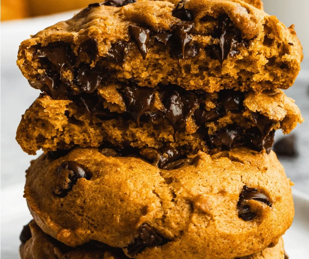 Delicious soft pumpkin chocolate chip cookies on a fall-themed plate