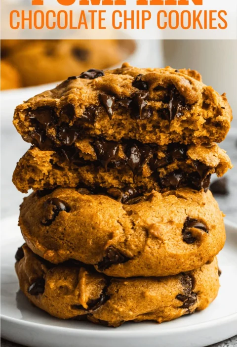 Delicious soft pumpkin chocolate chip cookies on a fall-themed plate