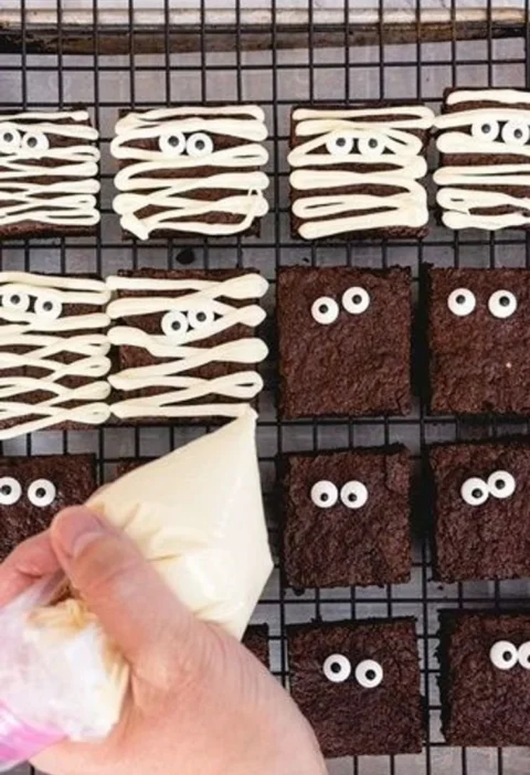 Spooky mummy brownies decorated for Halloween