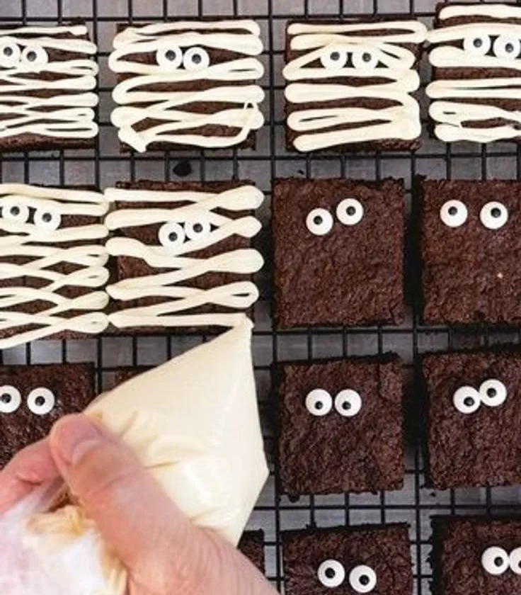 Spooky mummy brownies decorated for Halloween