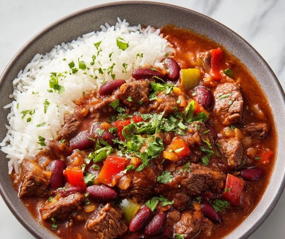 Bowl of hearty Steak Chili with Beans topped with fresh herbs