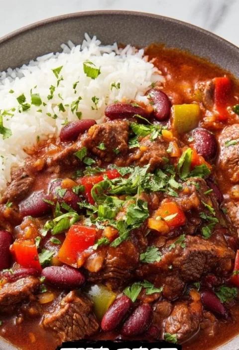 Bowl of hearty Steak Chili with Beans topped with fresh herbs