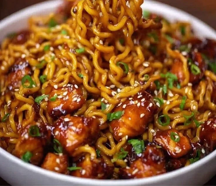Delicious sticky garlic chicken noodles served in a bowl