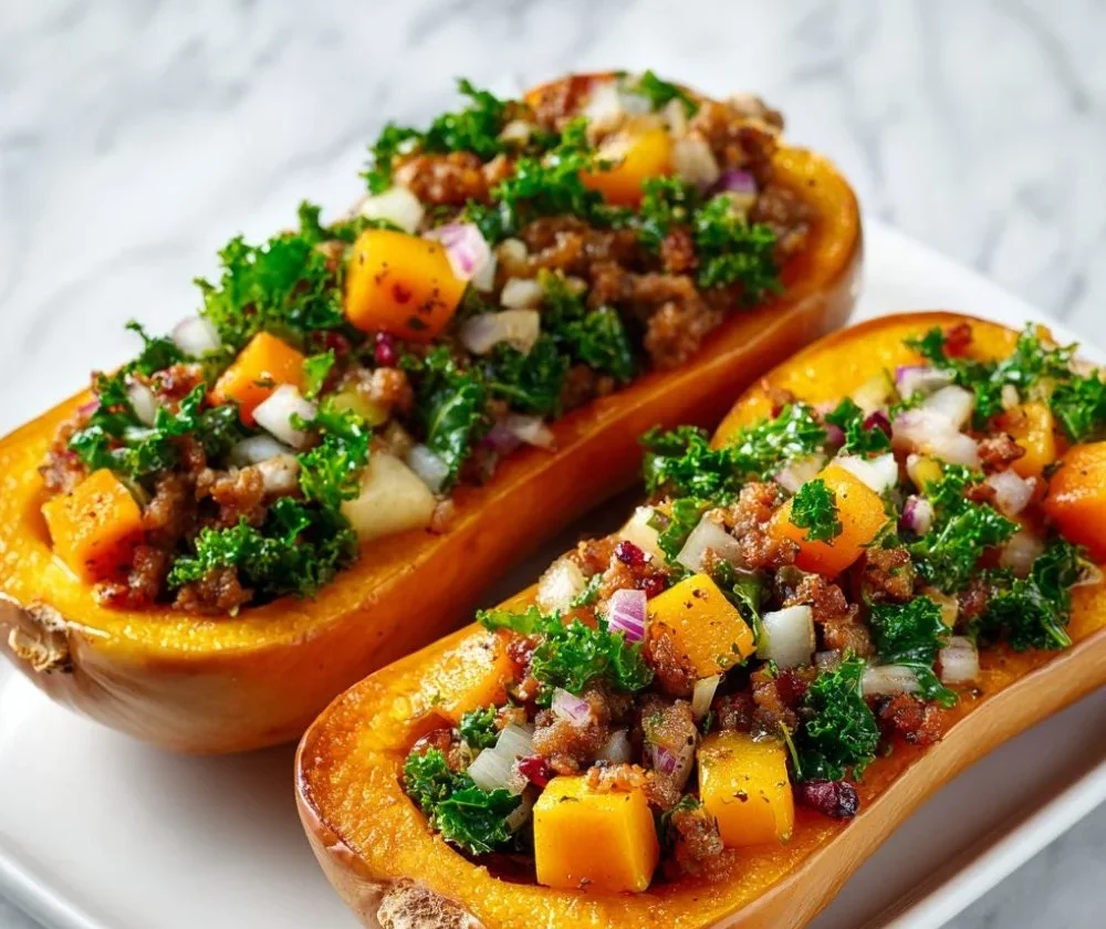 Delicious stuffed butternut squash dish on a rustic wooden table for autumn dinners.