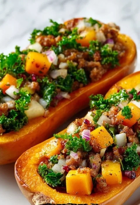 Delicious stuffed butternut squash dish on a rustic wooden table for autumn dinners.