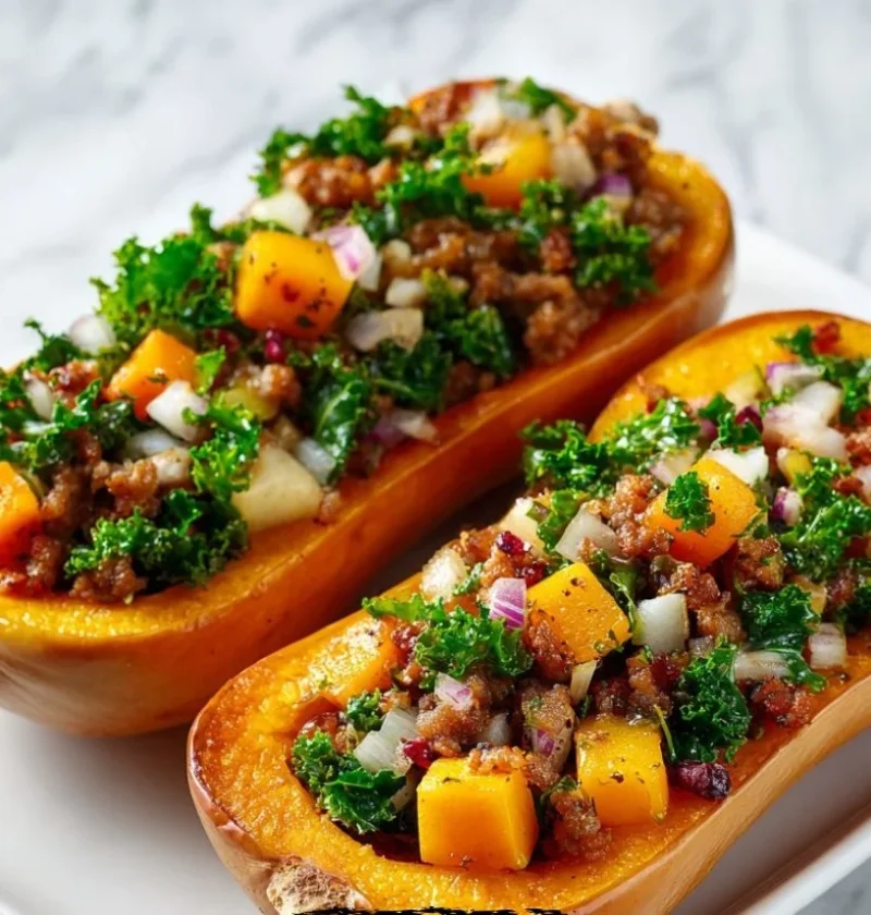 Delicious stuffed butternut squash dish on a rustic wooden table for autumn dinners.