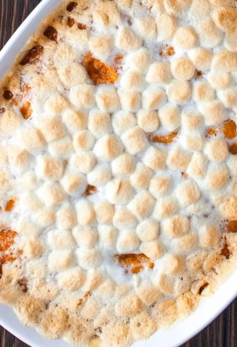 Delicious sweet potato casserole topped with marshmallows and pecans
